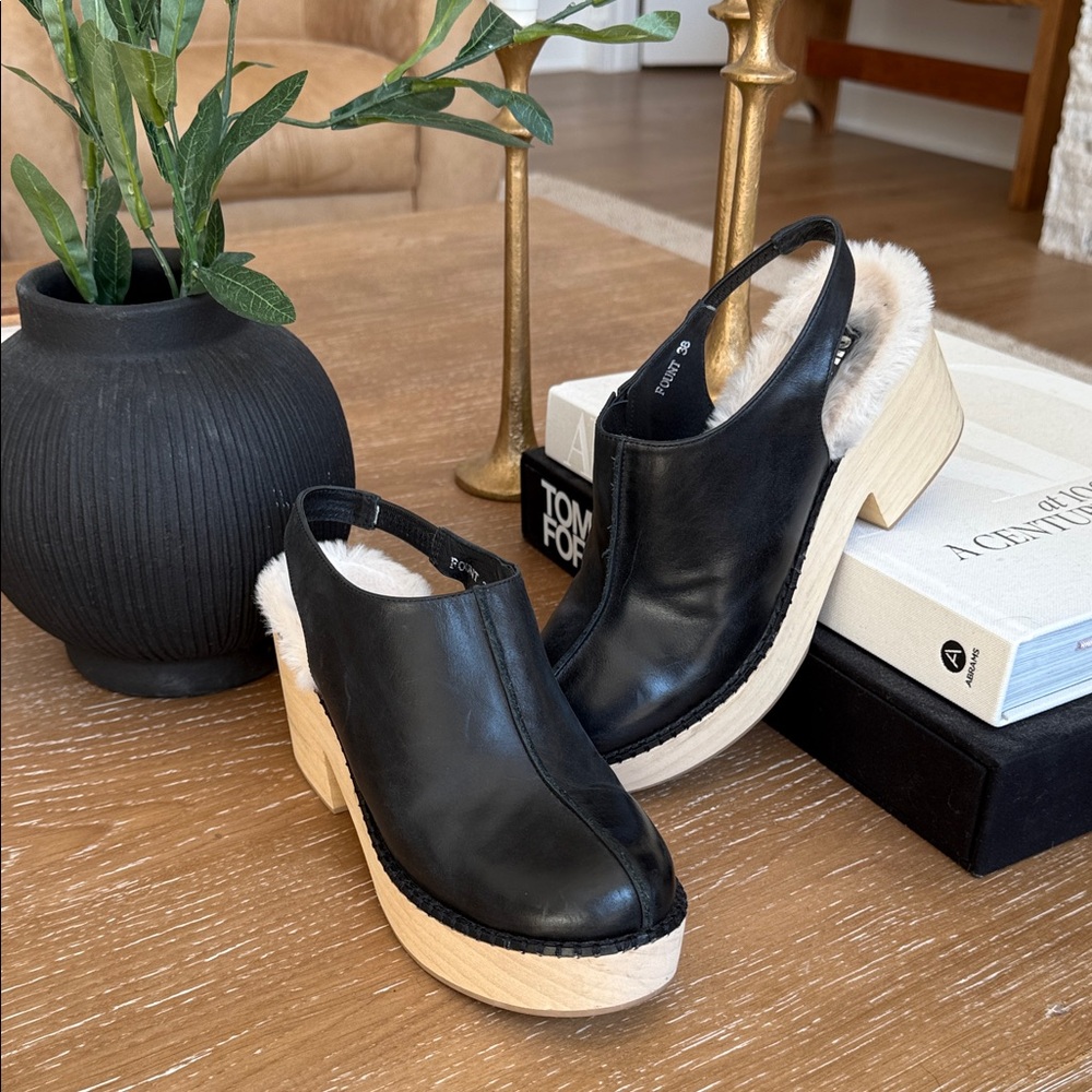 Silent D Black Leather Clogs with Cream Fur